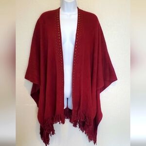 💚5/$25 Burgundy Studded & Fringe Open Front Poncho Cardigan Knit Duster Sweater